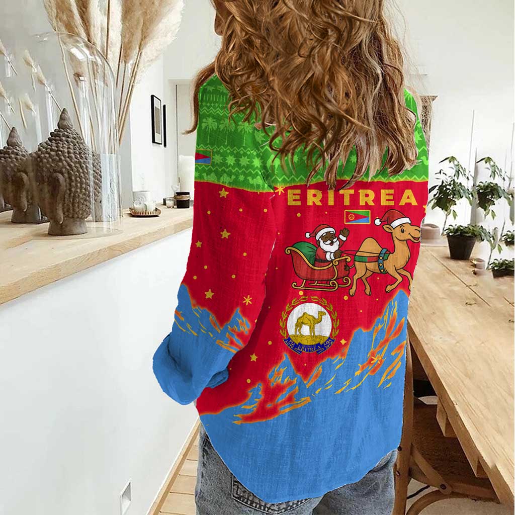 Eritrea Christmas Women Casual Shirt with Santa Claus Camel Sleigh National Emblem and Red Green Blue Pattern - Wonder Print Shop