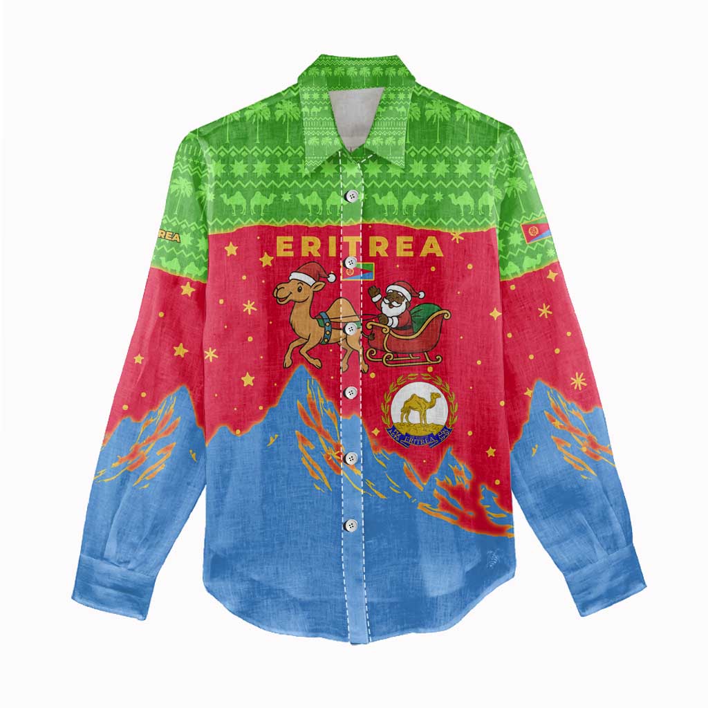 Eritrea Christmas Women Casual Shirt with Santa Claus Camel Sleigh National Emblem and Red Green Blue Pattern - Wonder Print Shop