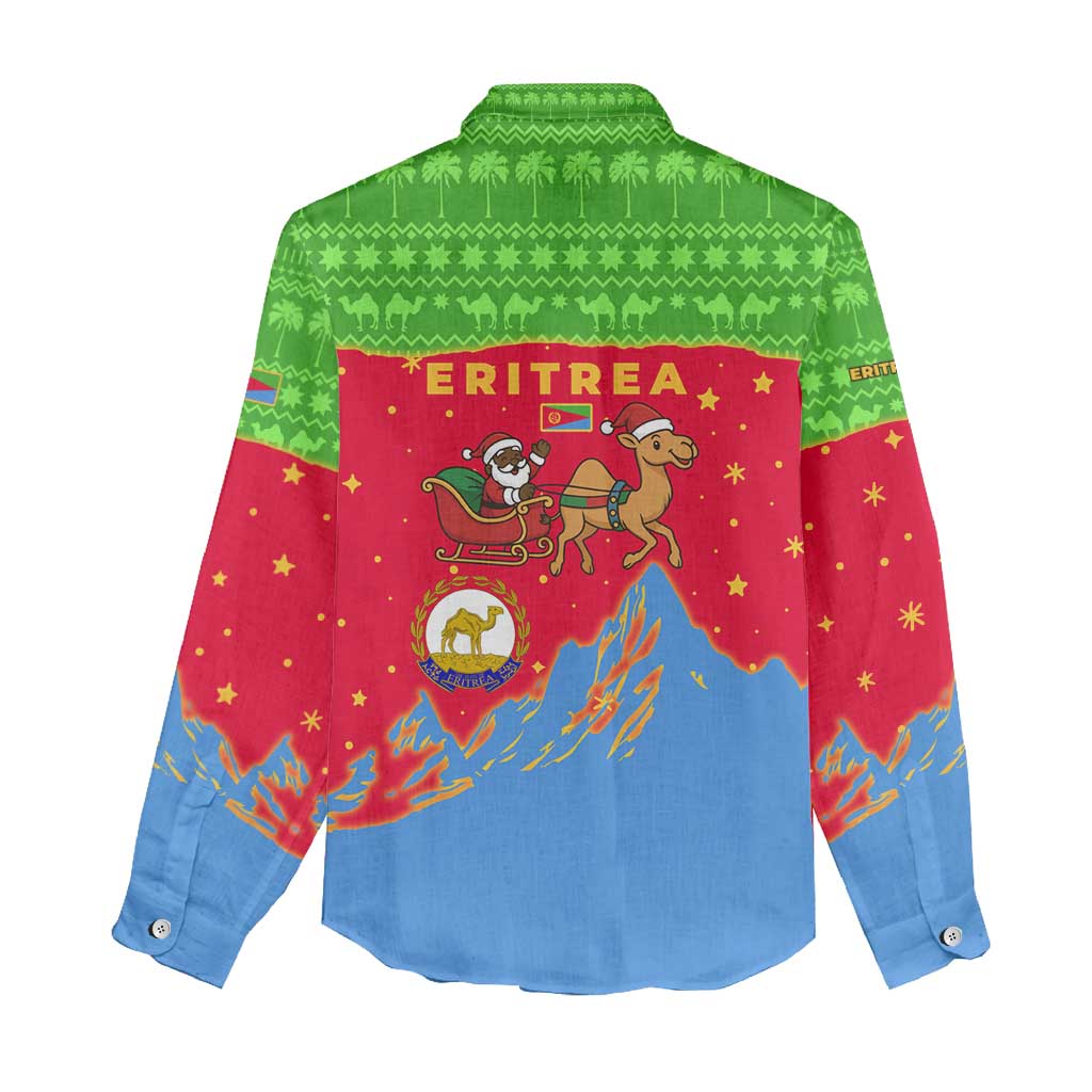 Eritrea Christmas Women Casual Shirt with Santa Claus Camel Sleigh National Emblem and Red Green Blue Pattern - Wonder Print Shop