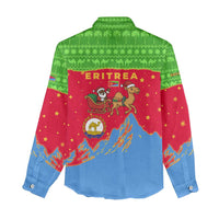 Eritrea Christmas Women Casual Shirt with Santa Claus Camel Sleigh National Emblem and Red Green Blue Pattern - Wonder Print Shop