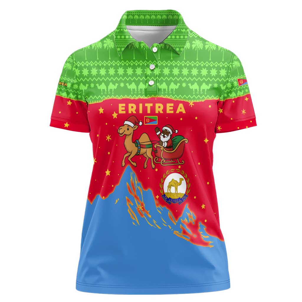 Eritrea Christmas Women Polo Shirt with Santa Claus Camel Sleigh National Emblem and Red Green Blue Pattern - Wonder Print Shop
