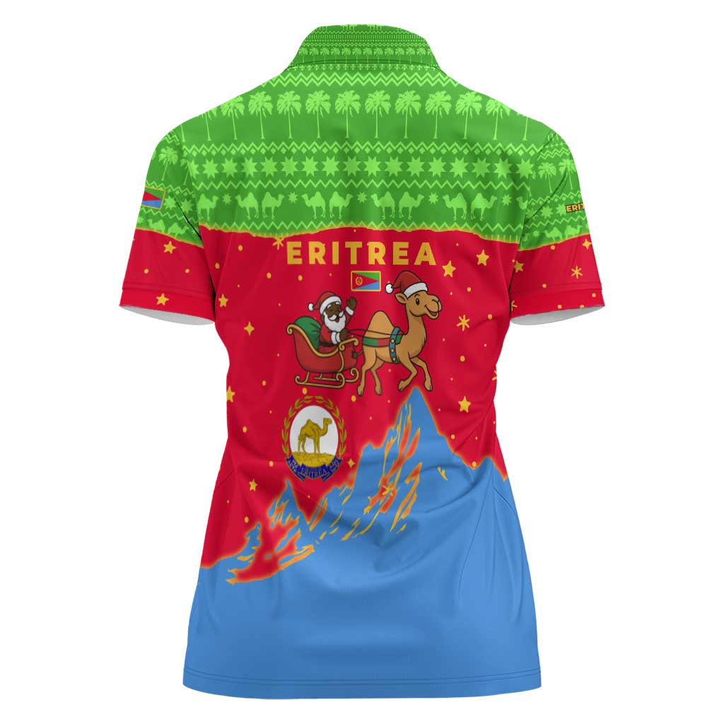 Eritrea Christmas Women Polo Shirt with Santa Claus Camel Sleigh National Emblem and Red Green Blue Pattern - Wonder Print Shop