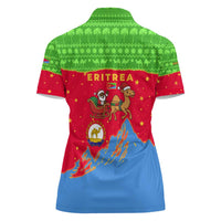 Eritrea Christmas Women Polo Shirt with Santa Claus Camel Sleigh National Emblem and Red Green Blue Pattern - Wonder Print Shop
