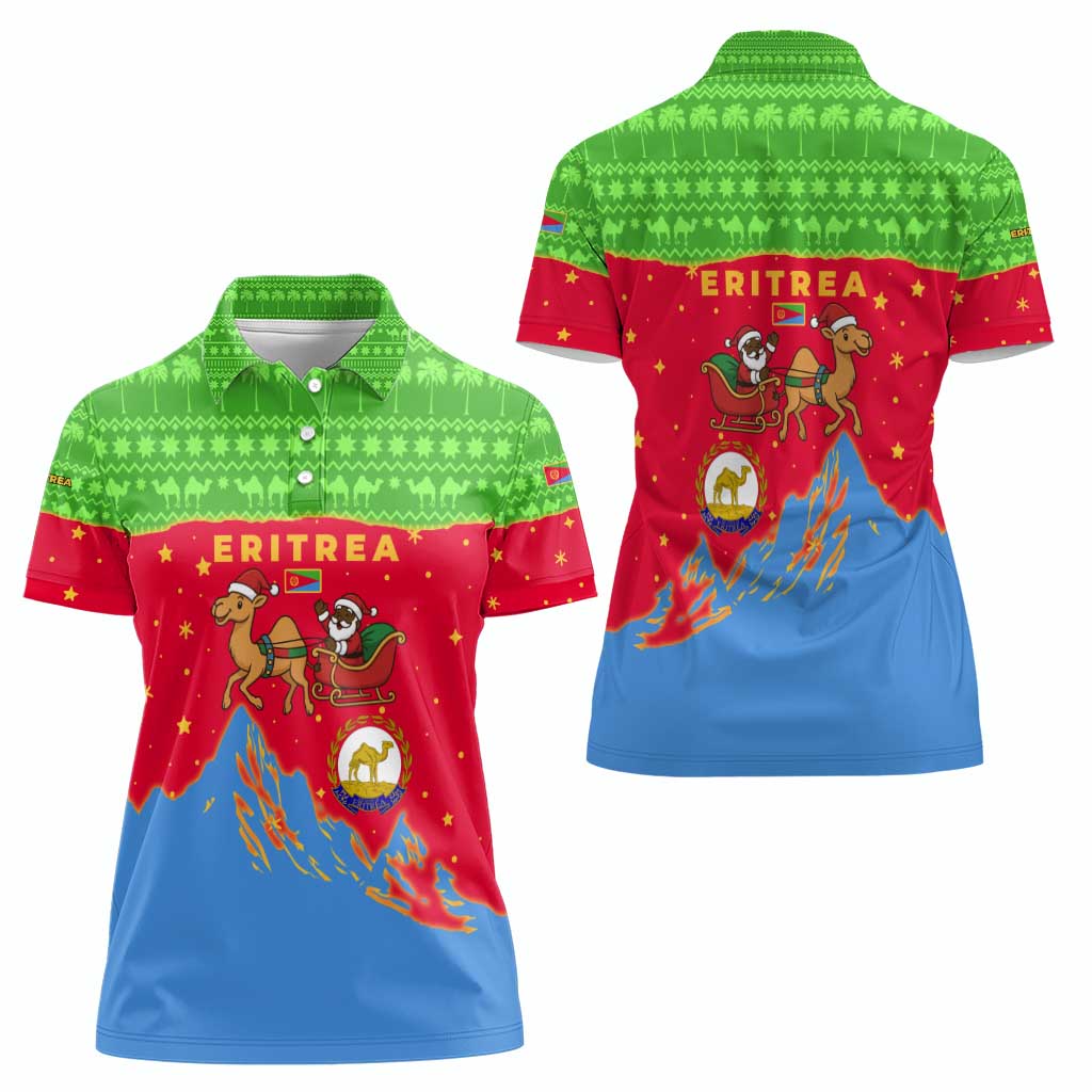 Eritrea Christmas Women Polo Shirt with Santa Claus Camel Sleigh National Emblem and Red Green Blue Pattern - Wonder Print Shop