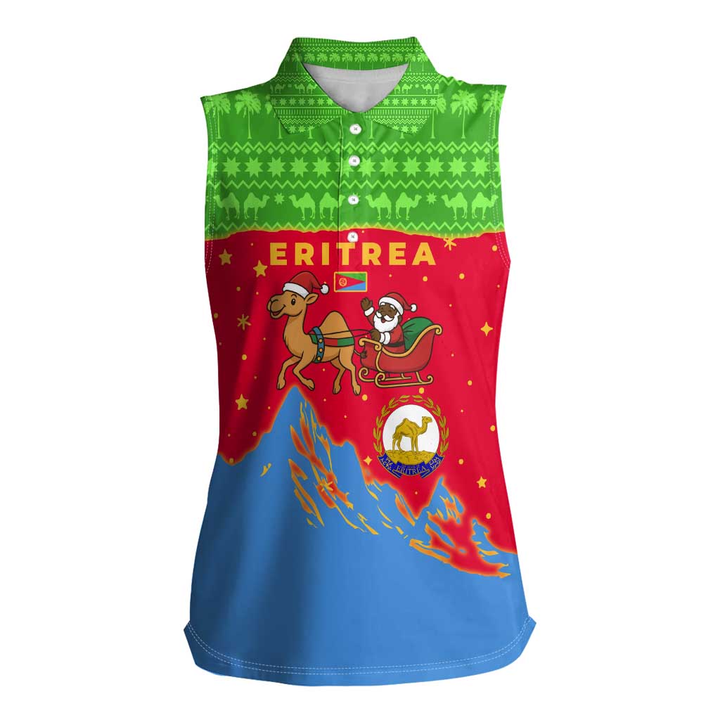 Eritrea Christmas Women Sleeveless Polo Shirt with Santa Claus Camel Sleigh National Emblem and Red Green Blue Pattern - Wonder Print Shop
