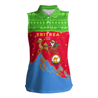 Eritrea Christmas Women Sleeveless Polo Shirt with Santa Claus Camel Sleigh National Emblem and Red Green Blue Pattern - Wonder Print Shop
