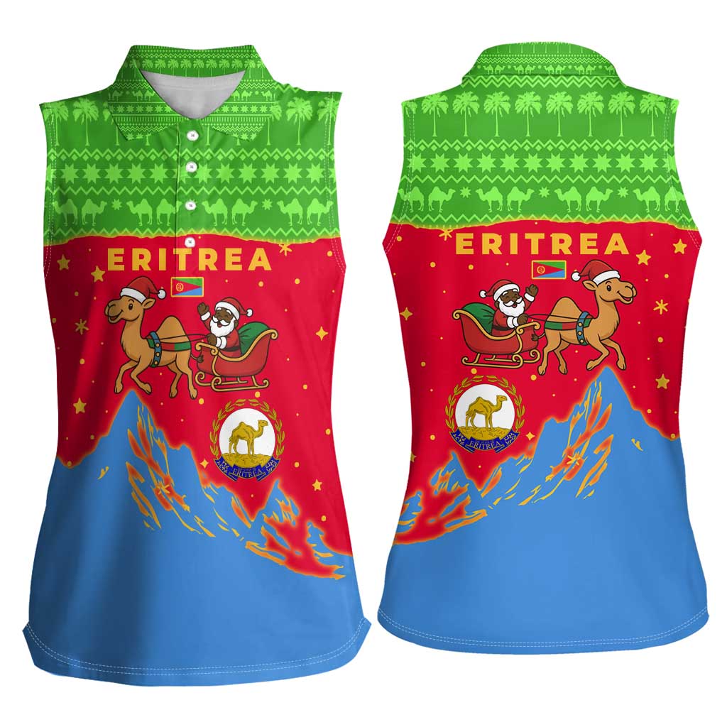 Eritrea Christmas Women Sleeveless Polo Shirt with Santa Claus Camel Sleigh National Emblem and Red Green Blue Pattern - Wonder Print Shop