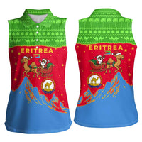 Eritrea Christmas Women Sleeveless Polo Shirt with Santa Claus Camel Sleigh National Emblem and Red Green Blue Pattern - Wonder Print Shop