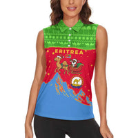 Eritrea Christmas Women Sleeveless Polo Shirt with Santa Claus Camel Sleigh National Emblem and Red Green Blue Pattern - Wonder Print Shop