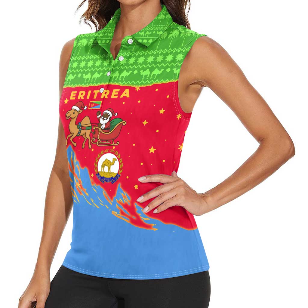 Eritrea Christmas Women Sleeveless Polo Shirt with Santa Claus Camel Sleigh National Emblem and Red Green Blue Pattern - Wonder Print Shop