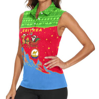 Eritrea Christmas Women Sleeveless Polo Shirt with Santa Claus Camel Sleigh National Emblem and Red Green Blue Pattern - Wonder Print Shop