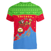 Eritrea Christmas Women V-Neck T-Shirt with Santa Claus Camel Sleigh National Emblem and Red Green Blue Pattern - Wonder Print Shop
