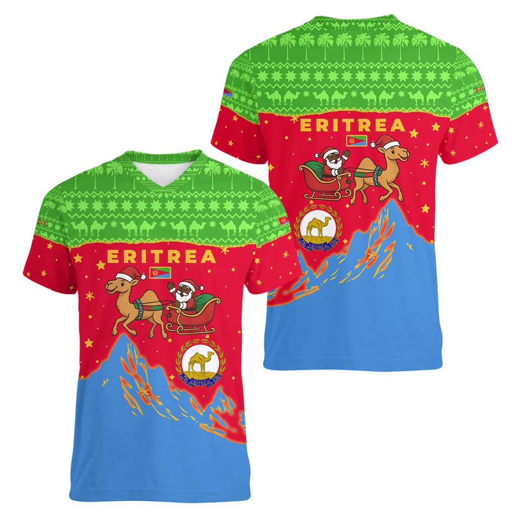 Eritrea Christmas Women V-Neck T-Shirt with Santa Claus Camel Sleigh National Emblem and Red Green Blue Pattern - Wonder Print Shop