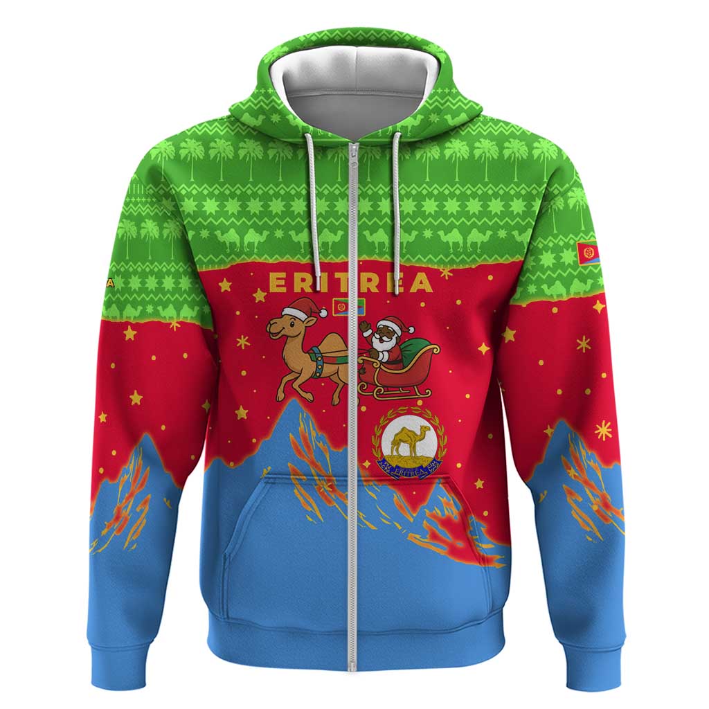 Eritrea Christmas Zip Hoodie with Santa Claus Camel Sleigh National Emblem and Red Green Blue Pattern - Wonder Print Shop