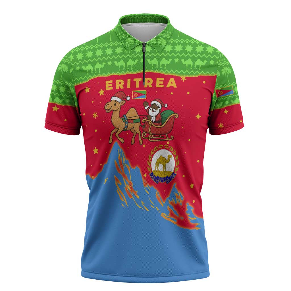 Eritrea Christmas Zipper Polo Shirt with Santa Claus Camel Sleigh National Emblem and Red Green Blue Pattern - Wonder Print Shop