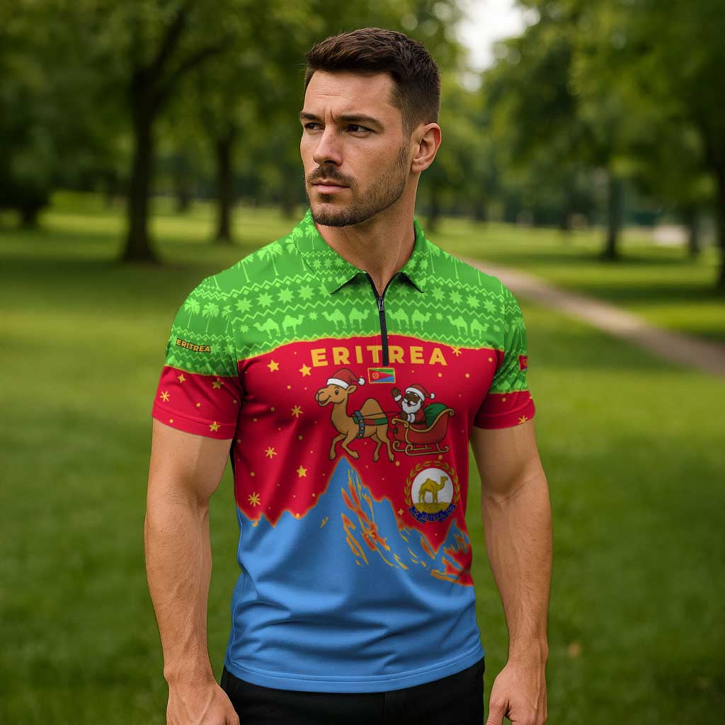 Eritrea Christmas Zipper Polo Shirt with Santa Claus Camel Sleigh National Emblem and Red Green Blue Pattern - Wonder Print Shop