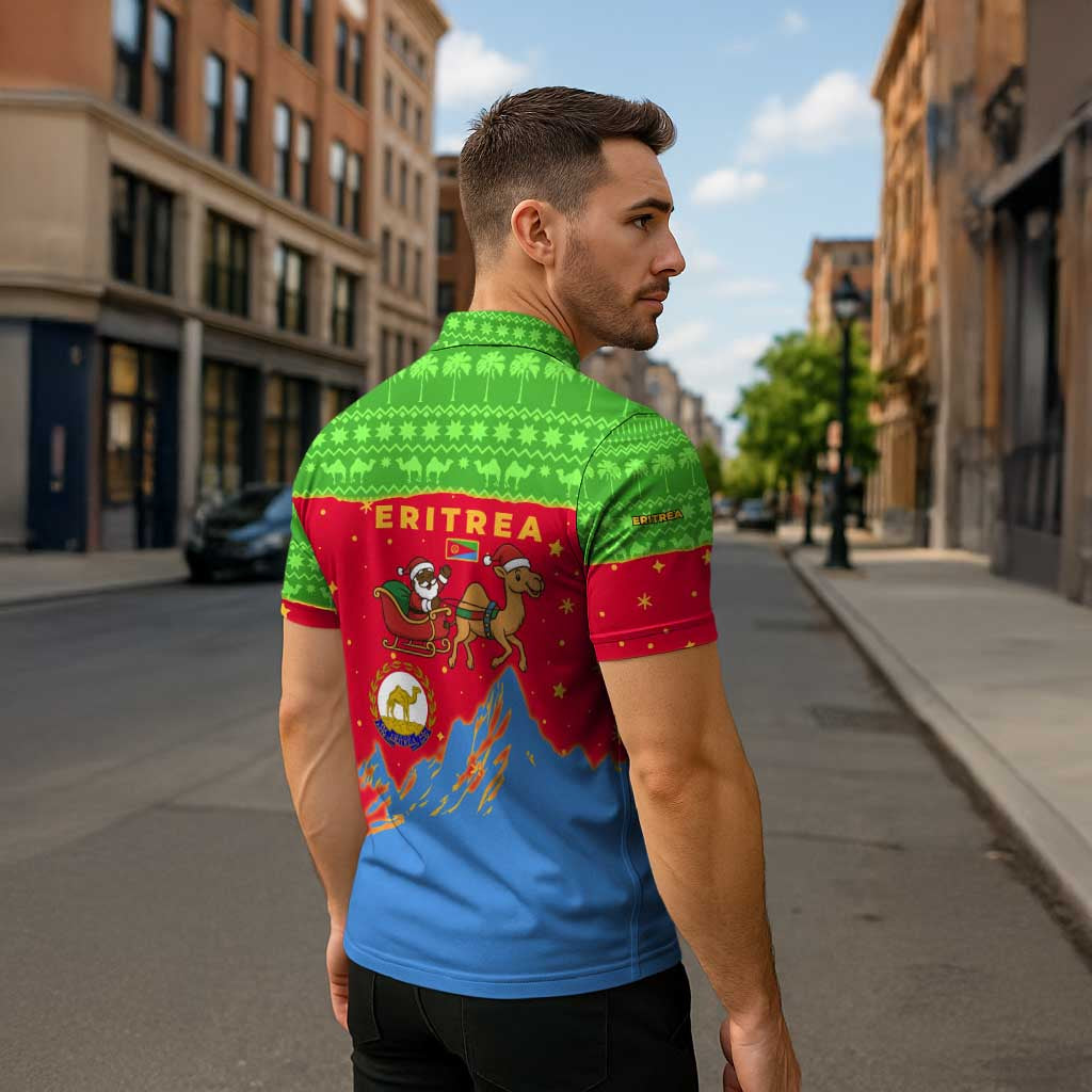 Eritrea Christmas Zipper Polo Shirt with Santa Claus Camel Sleigh National Emblem and Red Green Blue Pattern - Wonder Print Shop
