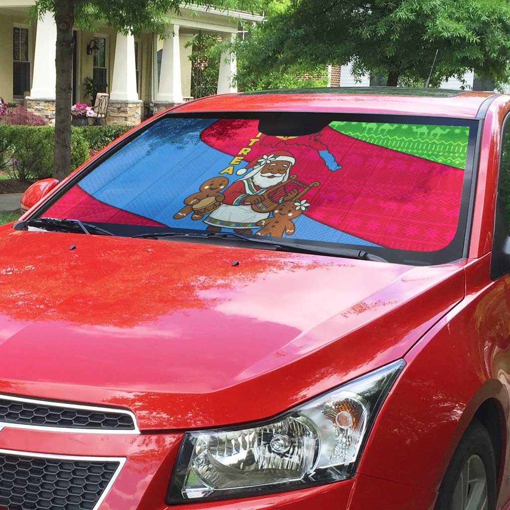 Eritrea Christmas Auto Sun Shade with African Santa Gingerbread Harp National Flag Colors and Festive Pattern Design - Wonder Print Shop