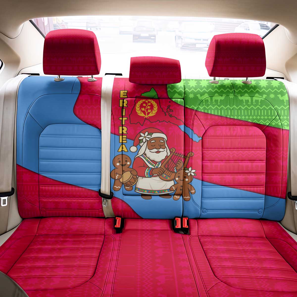 Eritrea Christmas Back Car Seat Cover with African Santa Gingerbread Harp National Flag Colors and Festive Pattern Design - Wonder Print Shop