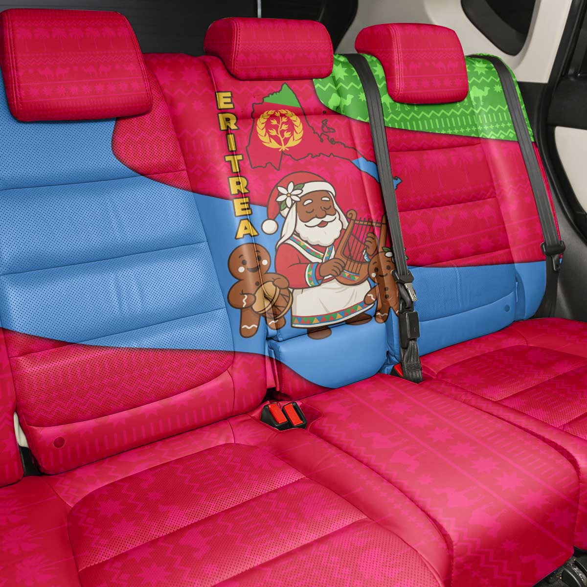 Eritrea Christmas Back Car Seat Cover with African Santa Gingerbread Harp National Flag Colors and Festive Pattern Design - Wonder Print Shop