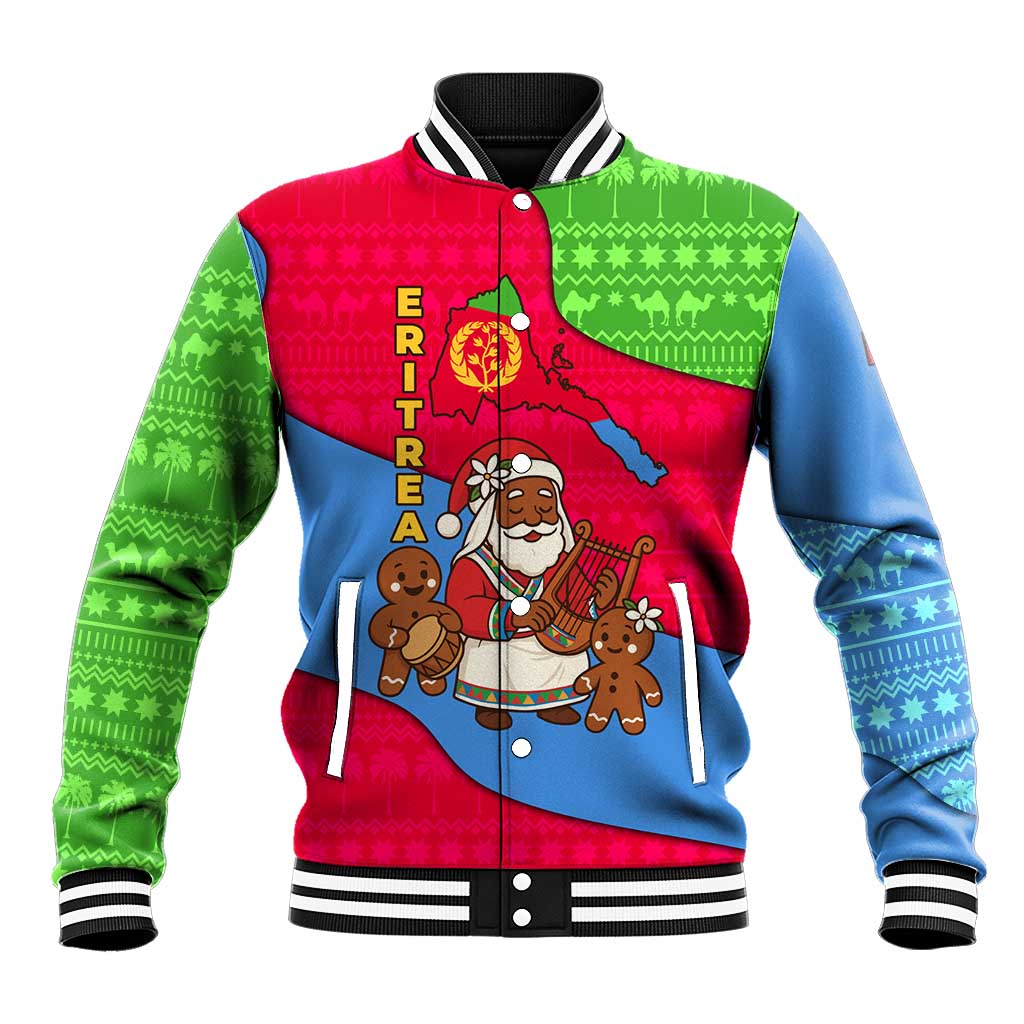 Eritrea Christmas Baseball Jacket with African Santa Gingerbread Harp National Flag Colors and Festive Pattern Design - Wonder Print Shop