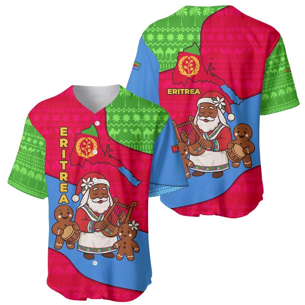 Eritrea Christmas Baseball Jersey with African Santa Gingerbread Harp National Flag Colors and Festive Pattern Design - Wonder Print Shop