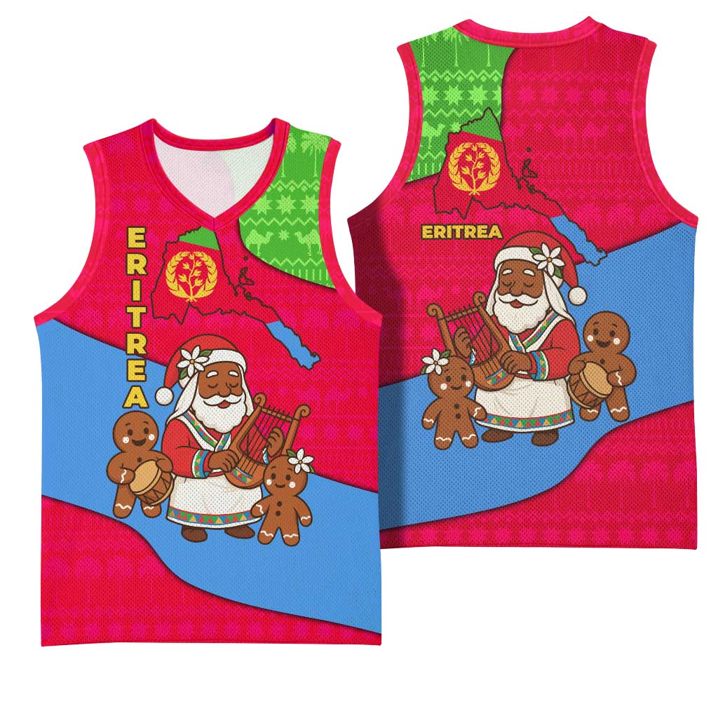 Eritrea Christmas Basketball Jersey with African Santa Gingerbread Harp National Flag Colors and Festive Pattern Design - Wonder Print Shop