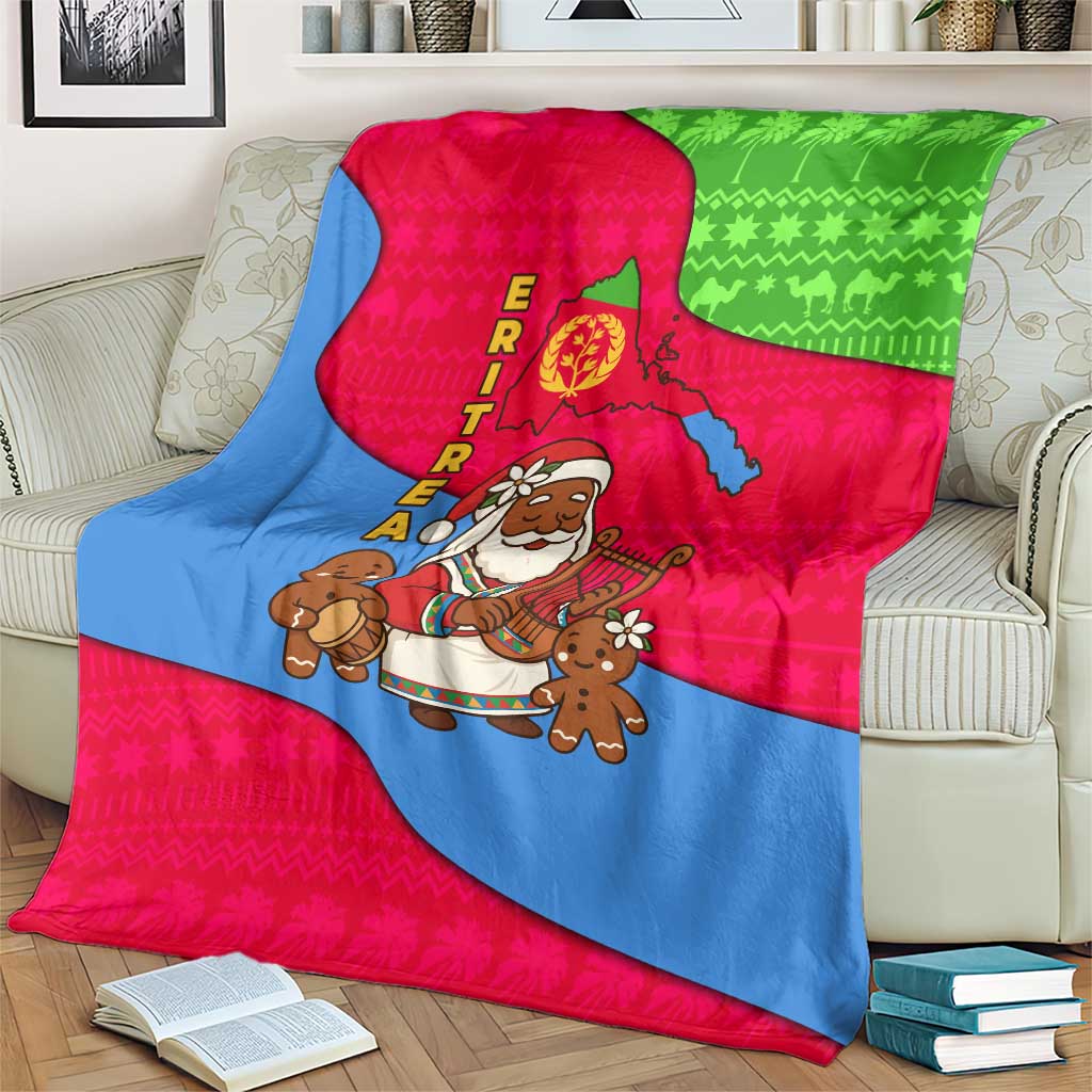 Eritrea Christmas Blanket with African Santa Gingerbread Harp National Flag Colors and Festive Pattern Design - Wonder Print Shop