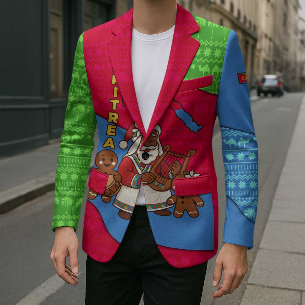 Eritrea Christmas Blazer with African Santa Gingerbread Harp National Flag Colors and Festive Pattern Design - Wonder Print Shop