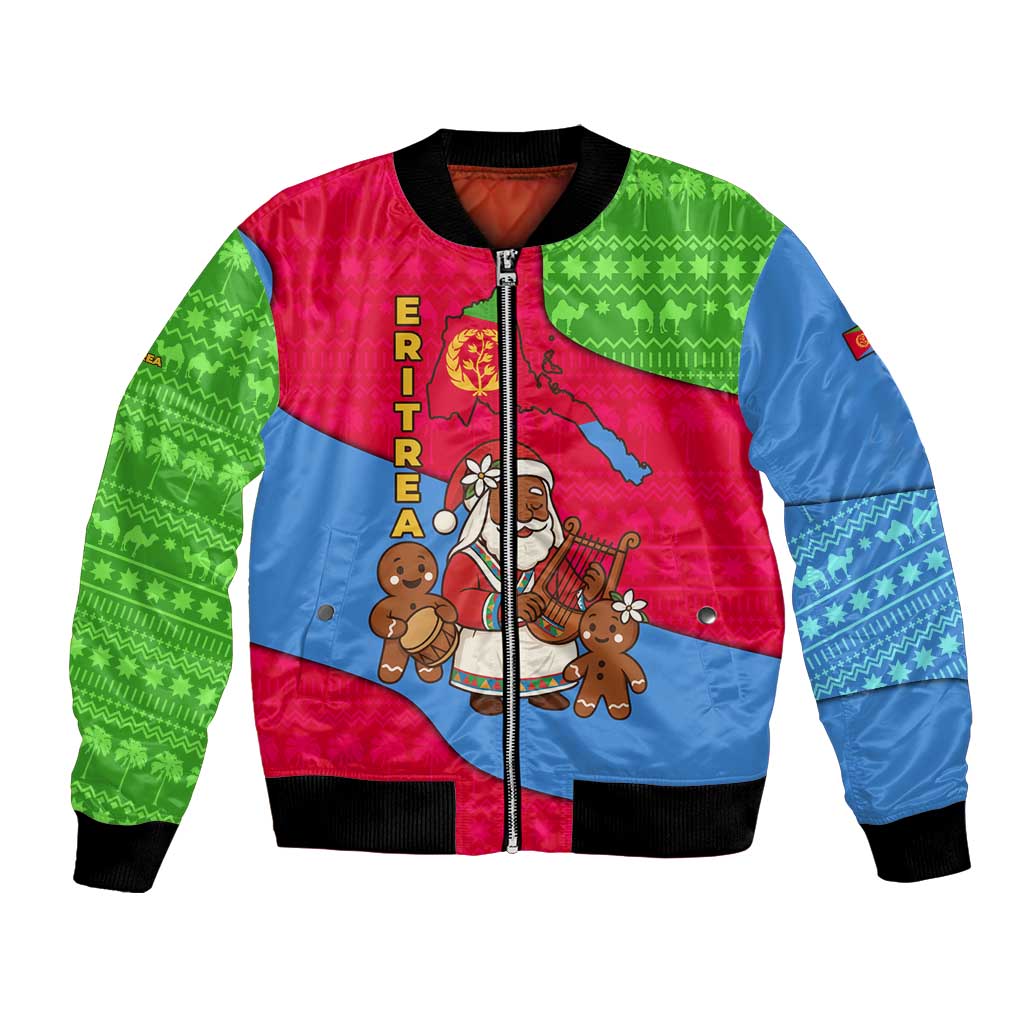 Eritrea Christmas Bomber Jacket with African Santa Gingerbread Harp National Flag Colors and Festive Pattern Design - Wonder Print Shop