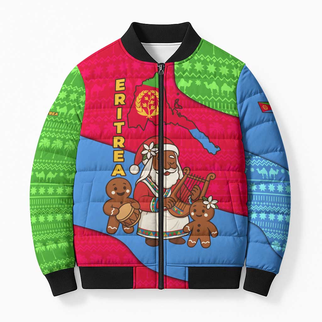 Eritrea Christmas Bomber Puffer Jacket with African Santa Gingerbread Harp National Flag Colors and Festive Pattern Design - Wonder Print Shop