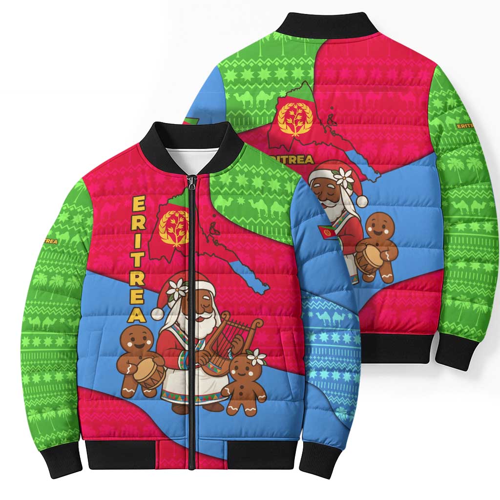 Eritrea Christmas Bomber Puffer Jacket with African Santa Gingerbread Harp National Flag Colors and Festive Pattern Design - Wonder Print Shop