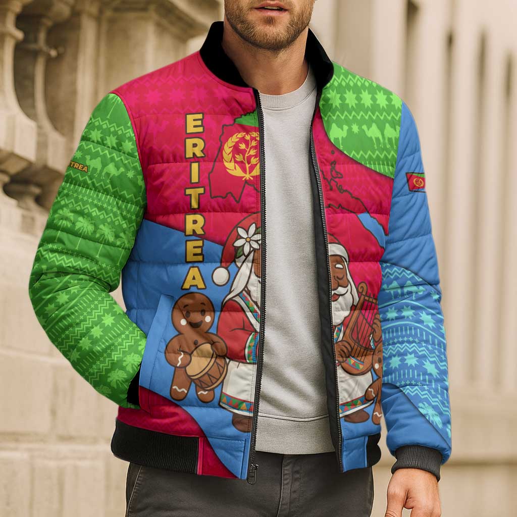 Eritrea Christmas Bomber Puffer Jacket with African Santa Gingerbread Harp National Flag Colors and Festive Pattern Design - Wonder Print Shop