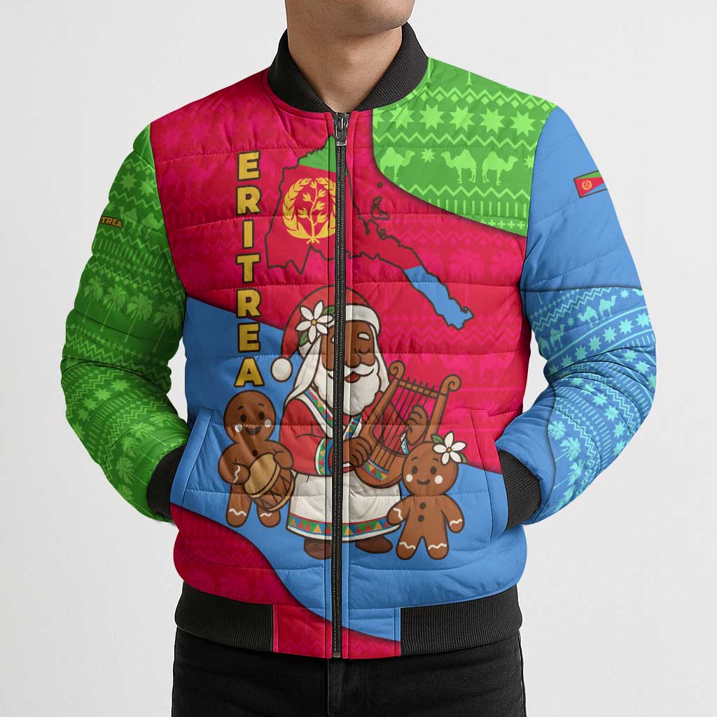 Eritrea Christmas Bomber Puffer Jacket with African Santa Gingerbread Harp National Flag Colors and Festive Pattern Design - Wonder Print Shop