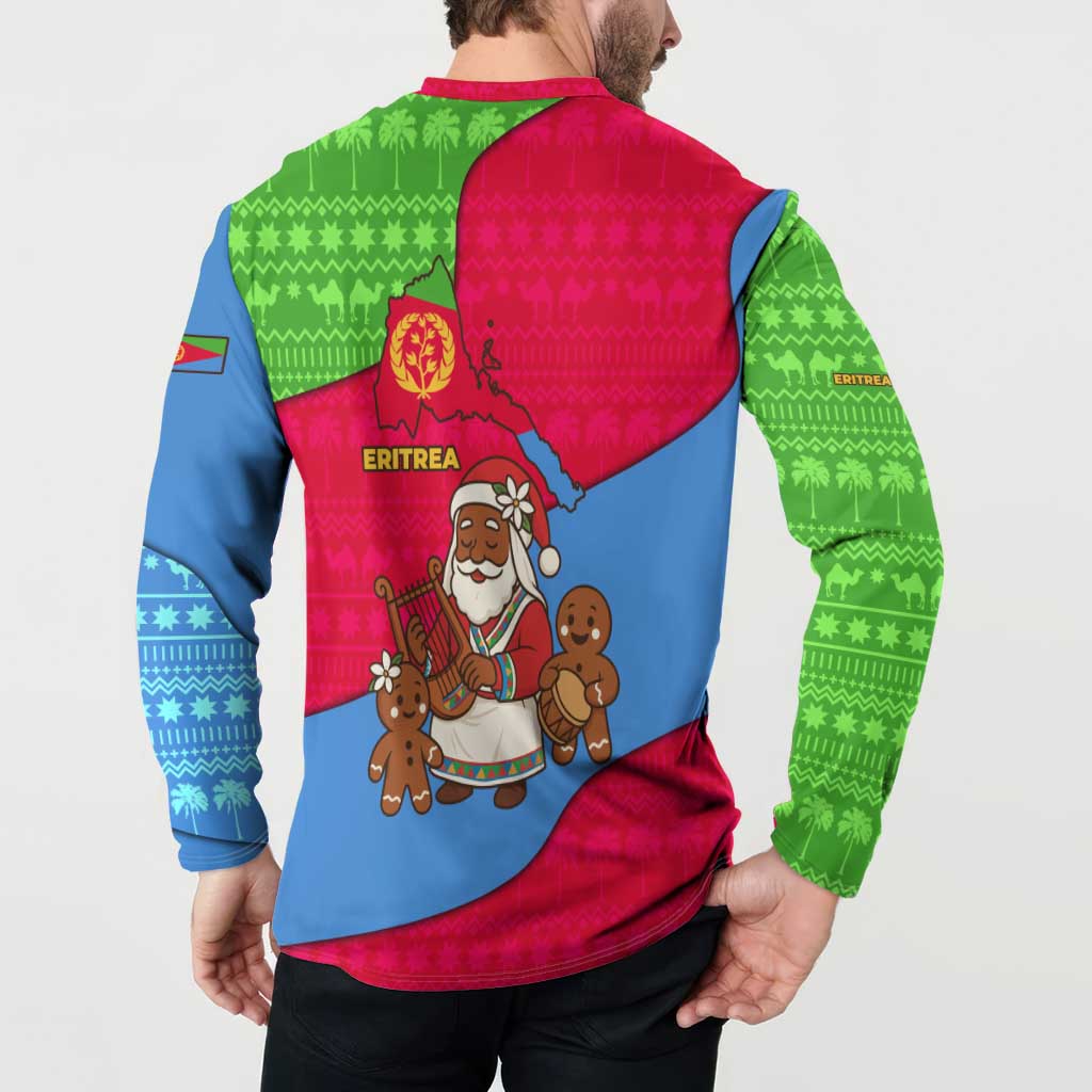 Eritrea Christmas Button Sweatshirt with African Santa Gingerbread Harp National Flag Colors and Festive Pattern Design - Wonder Print Shop