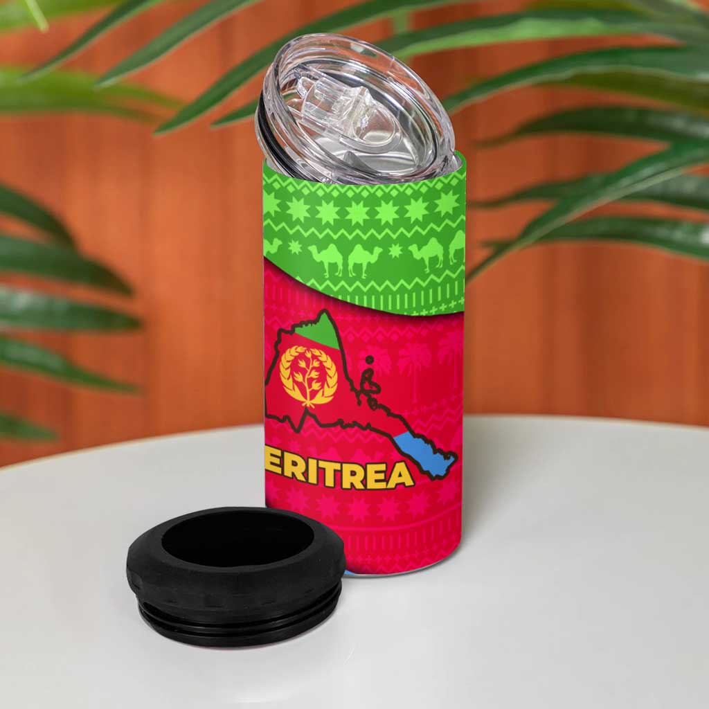 Eritrea Christmas 4 in 1 Can Cooler Tumbler with African Santa Gingerbread Harp National Flag Colors and Festive Pattern Design - Wonder Print Shop