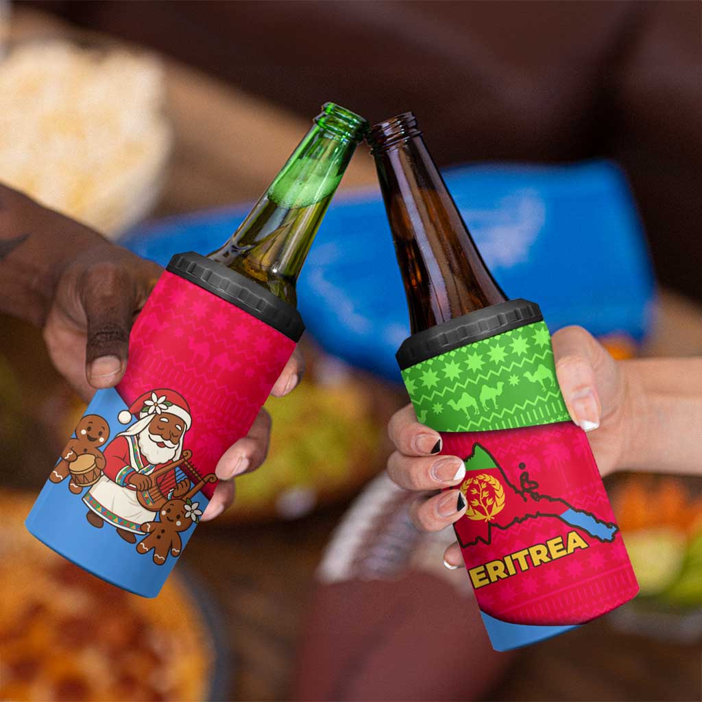 Eritrea Christmas 4 in 1 Can Cooler Tumbler with African Santa Gingerbread Harp National Flag Colors and Festive Pattern Design - Wonder Print Shop
