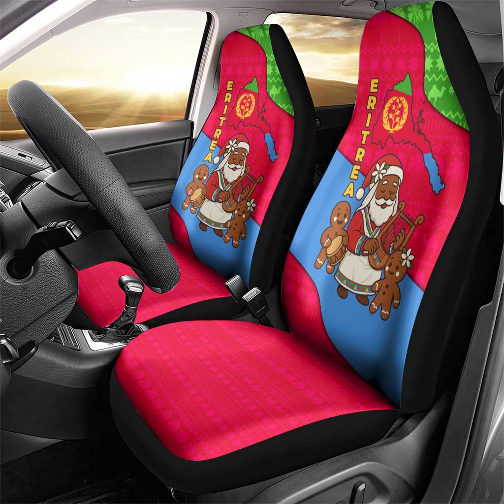 Eritrea Christmas Car Seat Cover with African Santa Gingerbread Harp National Flag Colors and Festive Pattern Design - Wonder Print Shop