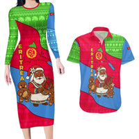 Eritrea Christmas Couples Matching Long Sleeve Bodycon Dress and Hawaiian Shirt with African Santa Gingerbread Harp National Flag Colors and Festive Pattern Design - Wonder Print Shop