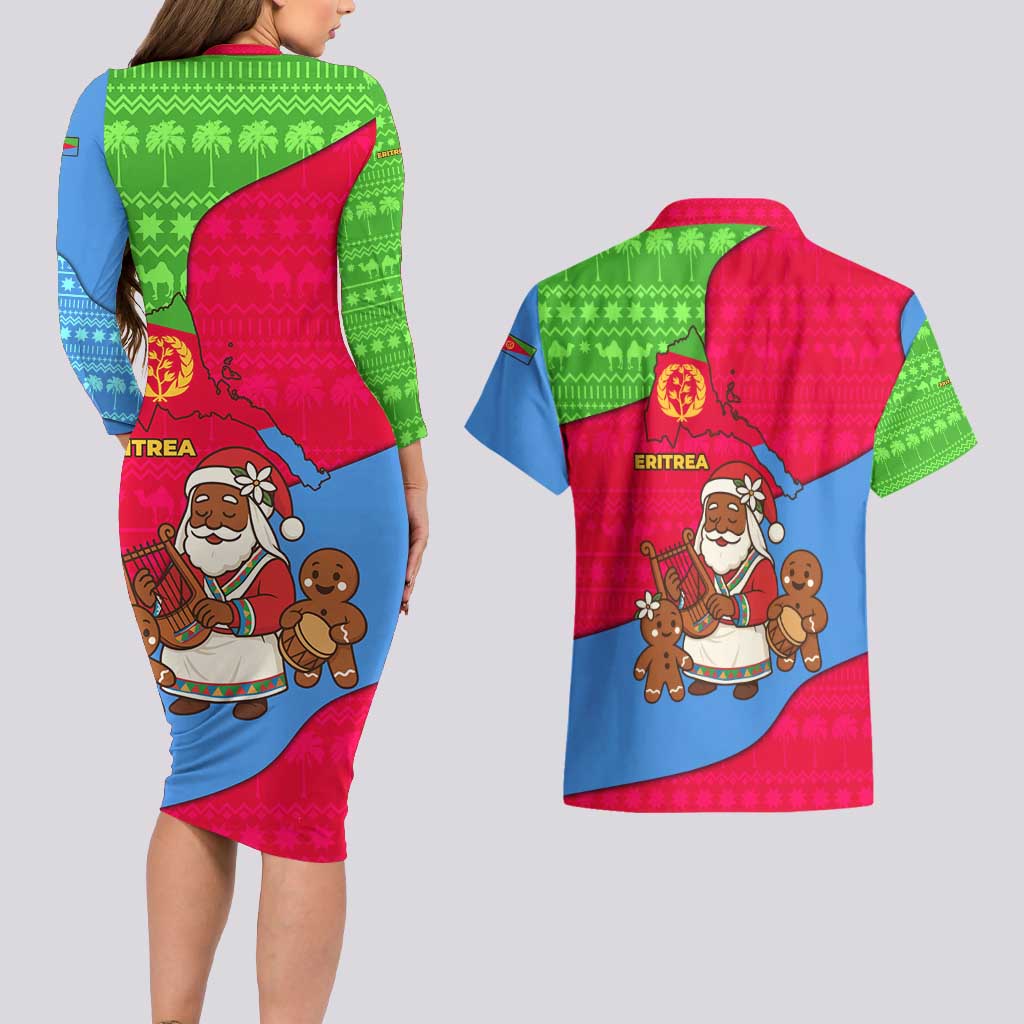 Eritrea Christmas Couples Matching Long Sleeve Bodycon Dress and Hawaiian Shirt with African Santa Gingerbread Harp National Flag Colors and Festive Pattern Design - Wonder Print Shop