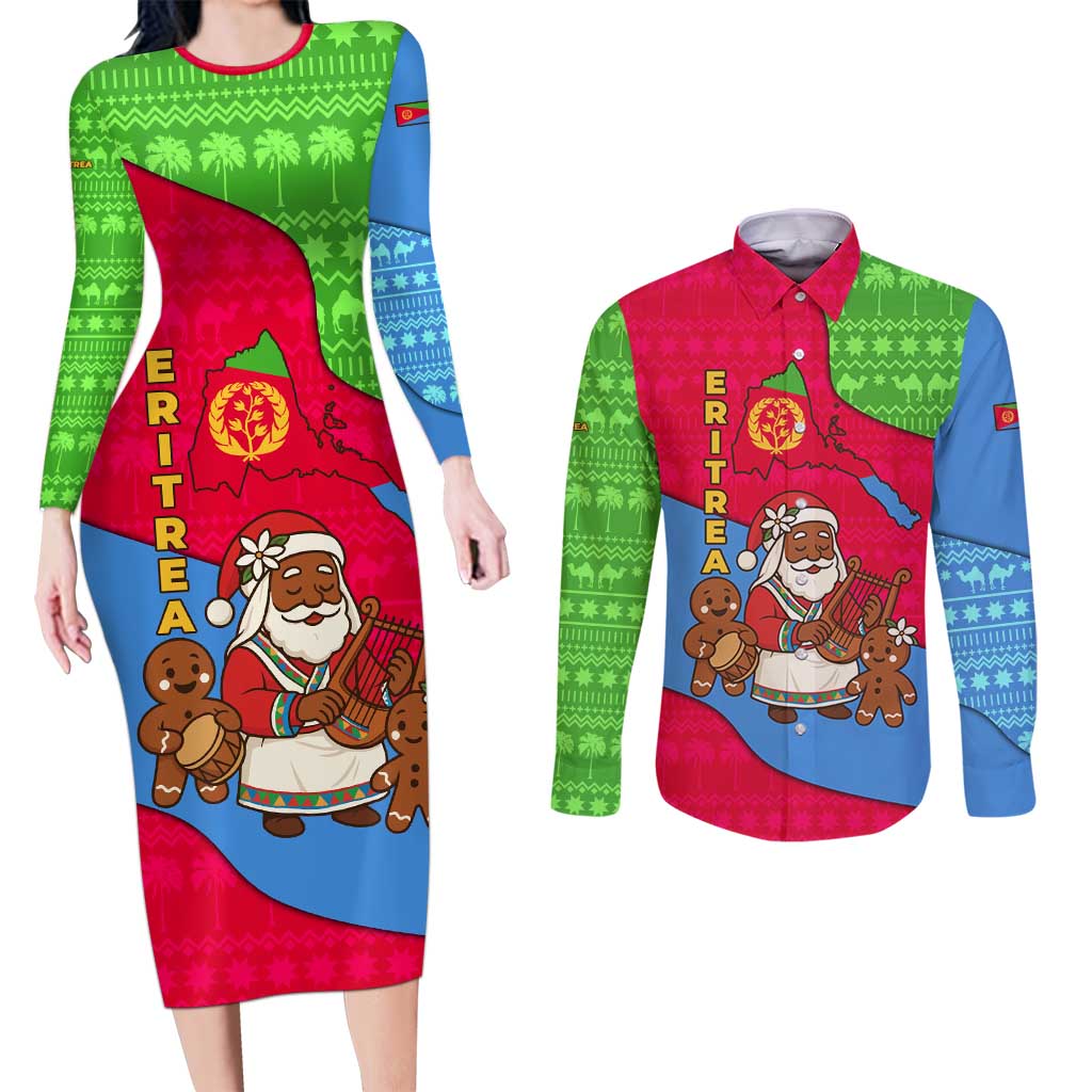 Eritrea Christmas Couples Matching Long Sleeve Bodycon Dress and Long Sleeve Button Shirt with African Santa Gingerbread Harp National Flag Colors and Festive Pattern Design - Wonder Print Shop