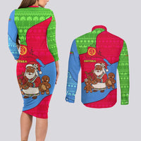 Eritrea Christmas Couples Matching Long Sleeve Bodycon Dress and Long Sleeve Button Shirt with African Santa Gingerbread Harp National Flag Colors and Festive Pattern Design - Wonder Print Shop