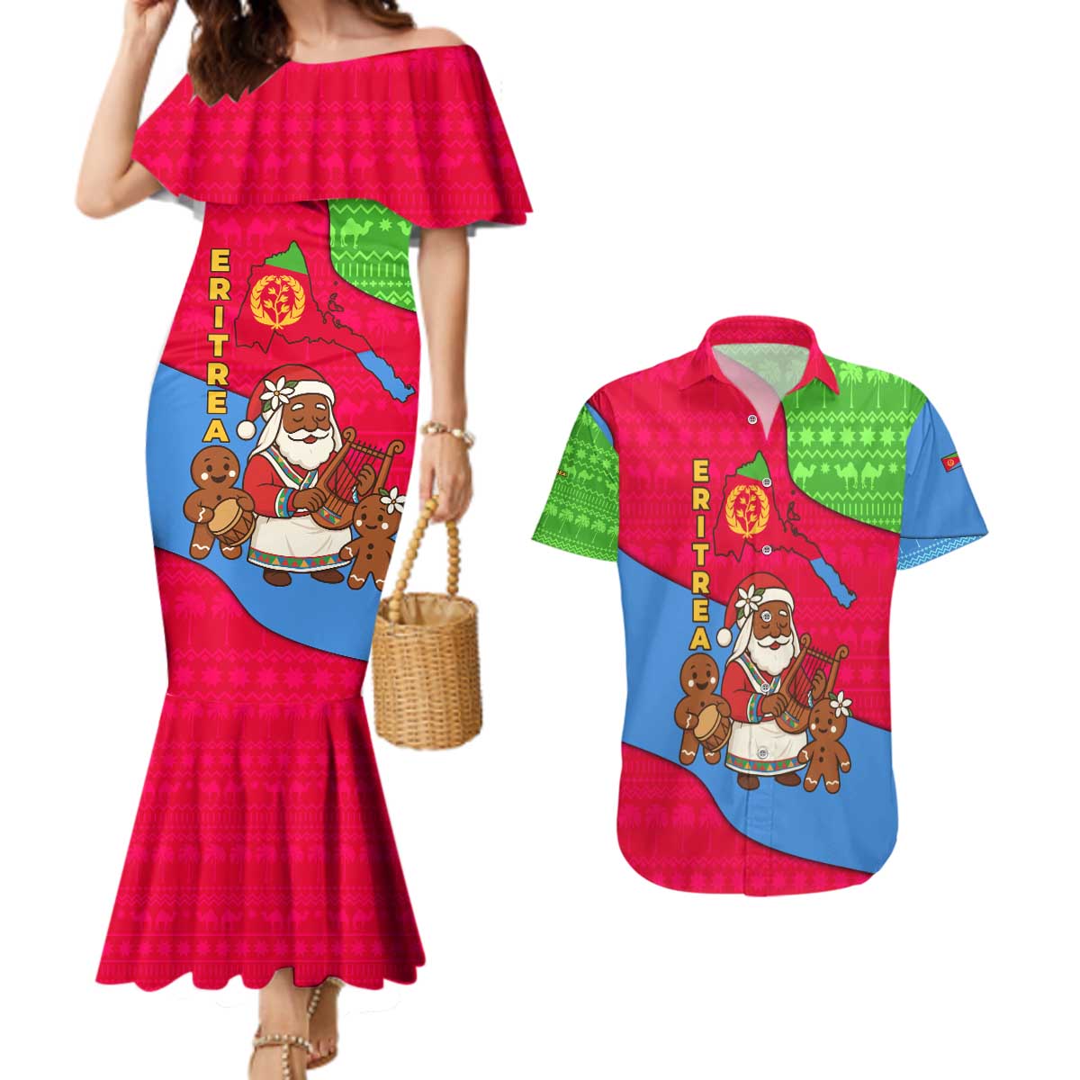 Eritrea Christmas Couples Matching Mermaid Dress and Hawaiian Shirt with African Santa Gingerbread Harp National Flag Colors and Festive Pattern Design - Wonder Print Shop