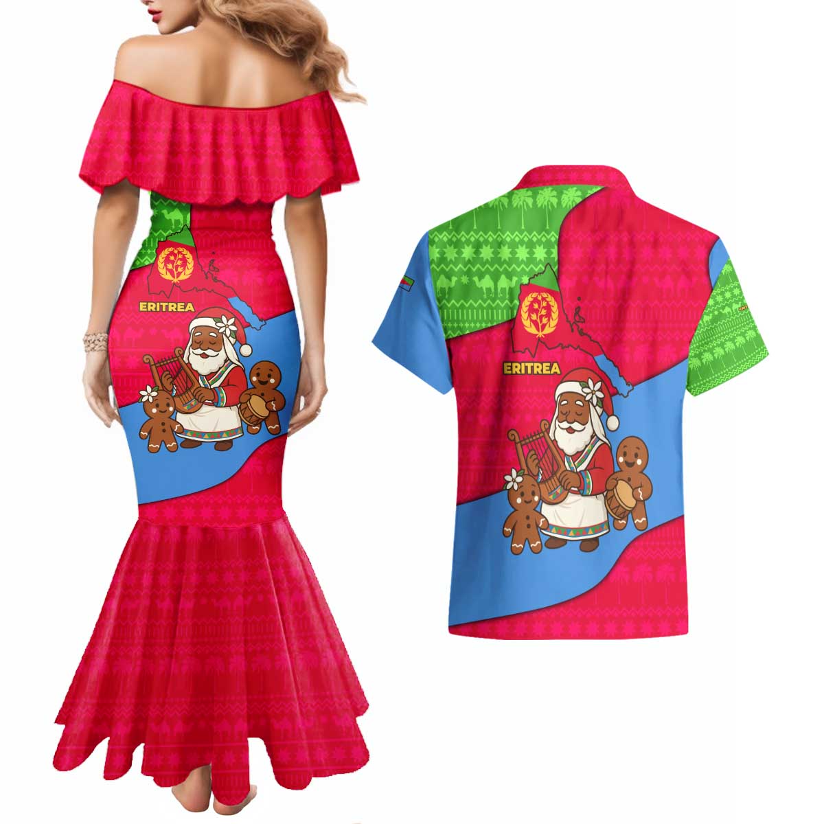 Eritrea Christmas Couples Matching Mermaid Dress and Hawaiian Shirt with African Santa Gingerbread Harp National Flag Colors and Festive Pattern Design - Wonder Print Shop
