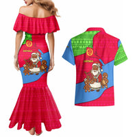 Eritrea Christmas Couples Matching Mermaid Dress and Hawaiian Shirt with African Santa Gingerbread Harp National Flag Colors and Festive Pattern Design - Wonder Print Shop