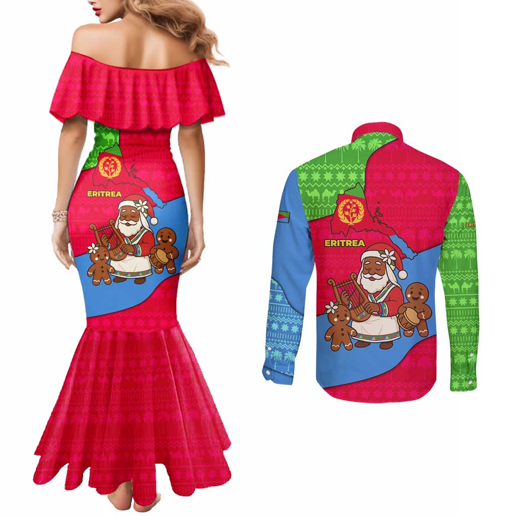 Eritrea Christmas Couples Matching Mermaid Dress and Long Sleeve Button Shirt with African Santa Gingerbread Harp National Flag Colors and Festive Pattern Design - Wonder Print Shop