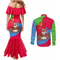 Eritrea Christmas Couples Matching Mermaid Dress and Long Sleeve Button Shirt with African Santa Gingerbread Harp National Flag Colors and Festive Pattern Design - Wonder Print Shop
