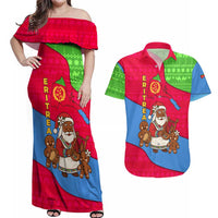 Eritrea Christmas Couples Matching Off Shoulder Maxi Dress and Hawaiian Shirt with African Santa Gingerbread Harp National Flag Colors and Festive Pattern Design - Wonder Print Shop