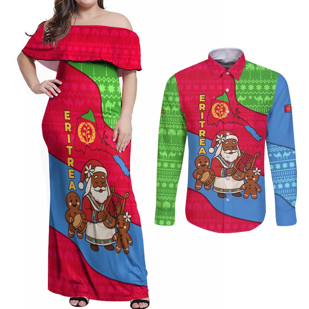 Eritrea Christmas Couples Matching Off Shoulder Maxi Dress and Long Sleeve Button Shirt with African Santa Gingerbread Harp National Flag Colors and Festive Pattern Design - Wonder Print Shop
