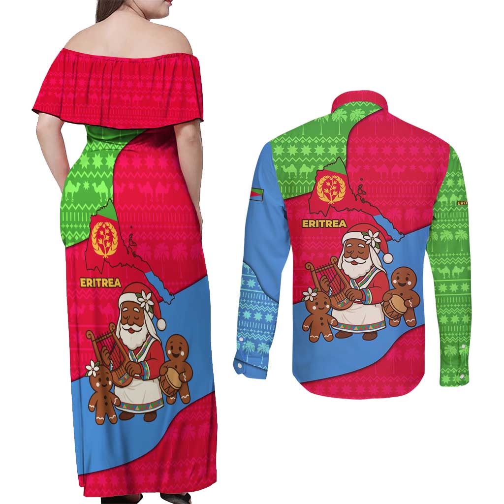 Eritrea Christmas Couples Matching Off Shoulder Maxi Dress and Long Sleeve Button Shirt with African Santa Gingerbread Harp National Flag Colors and Festive Pattern Design - Wonder Print Shop